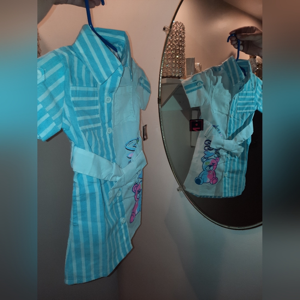 Blue Striped Button-Up Dress with Bear Design NWT